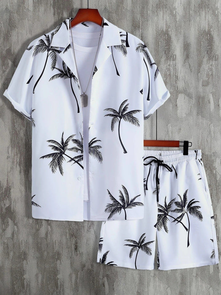 Men's Tropical Palm Print Shirt and Shorts Set, Summer Vacation Co-ord