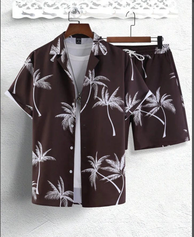 Men's Tropical Palm Print Shirt and Shorts Set, Summer Vacation Co-ord