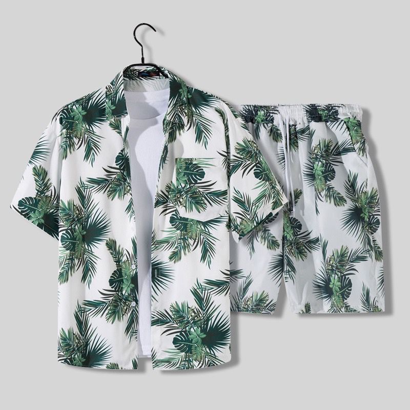 Men's Tropical Palm Print Shirt and Shorts Set, Summer Vacation Co-ord