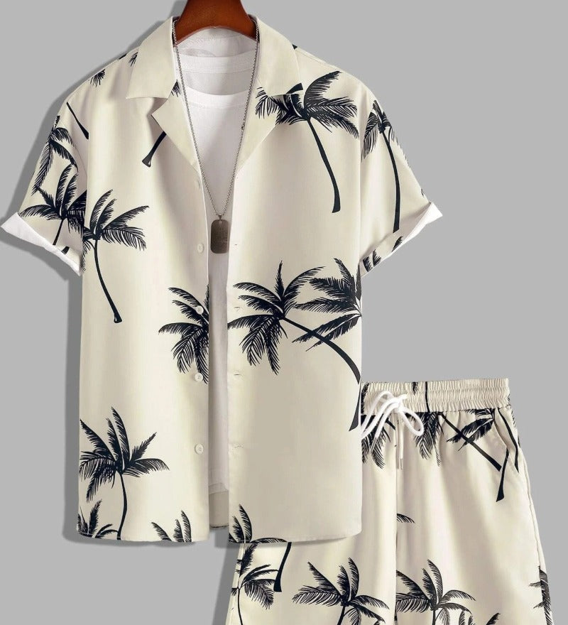 Men's Tropical Palm Print Shirt and Shorts Set, Summer Vacation Co-ord