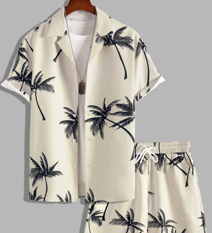 Men's Tropical Palm Print Shirt and Shorts Set, Summer Vacation Co-ord