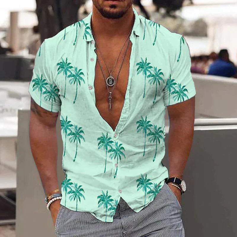 Men's Tropical Print Shirt - Short Sleeve Button Up Summer Top