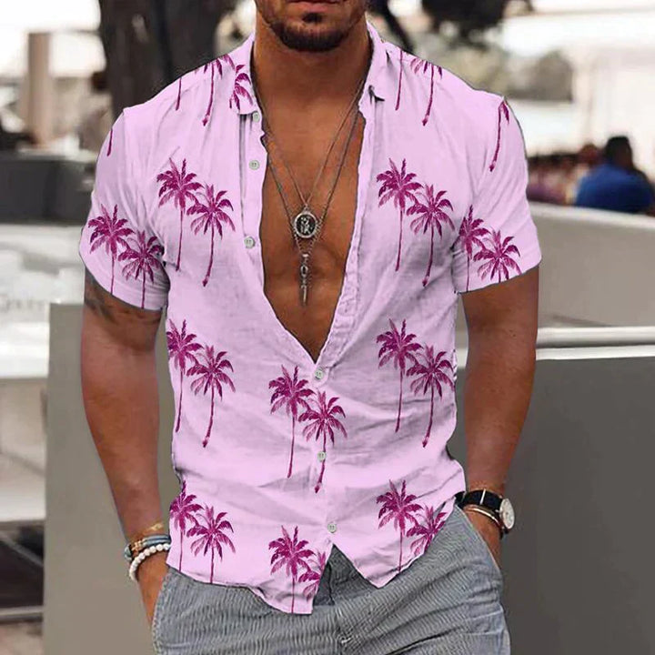 Men's Tropical Print Shirt - Short Sleeve Button Up Summer Top