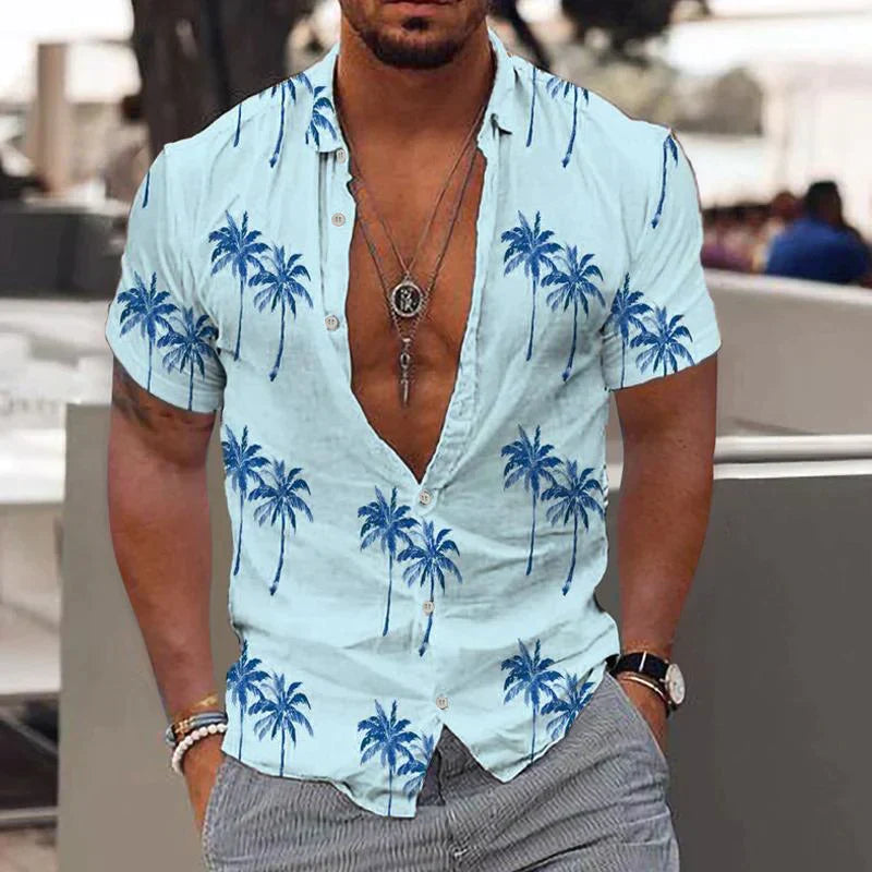 Men's Tropical Print Shirt - Short Sleeve Button Up Summer Top