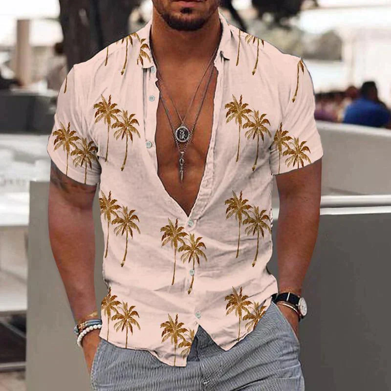 Men's Tropical Print Shirt - Short Sleeve Button Up Summer Top