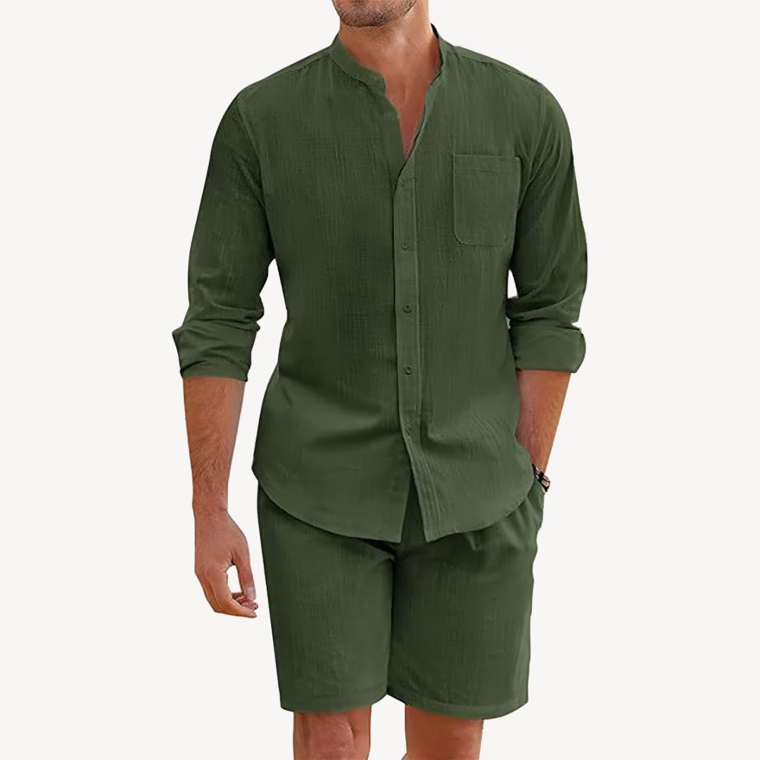 Men's Two Piece Linen Shirt and Shorts Beach Set for Summer