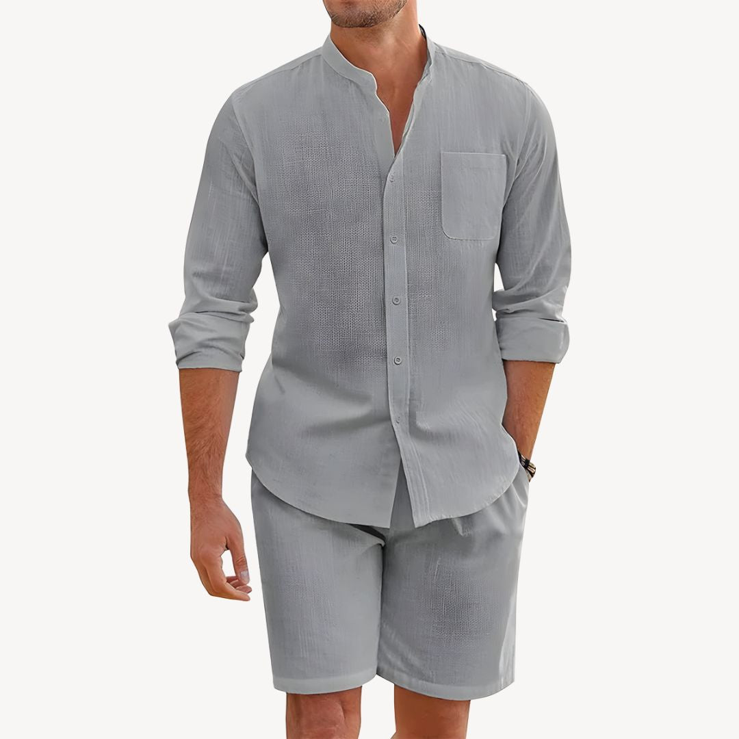 Men's Two Piece Linen Shirt and Shorts Beach Set for Summer