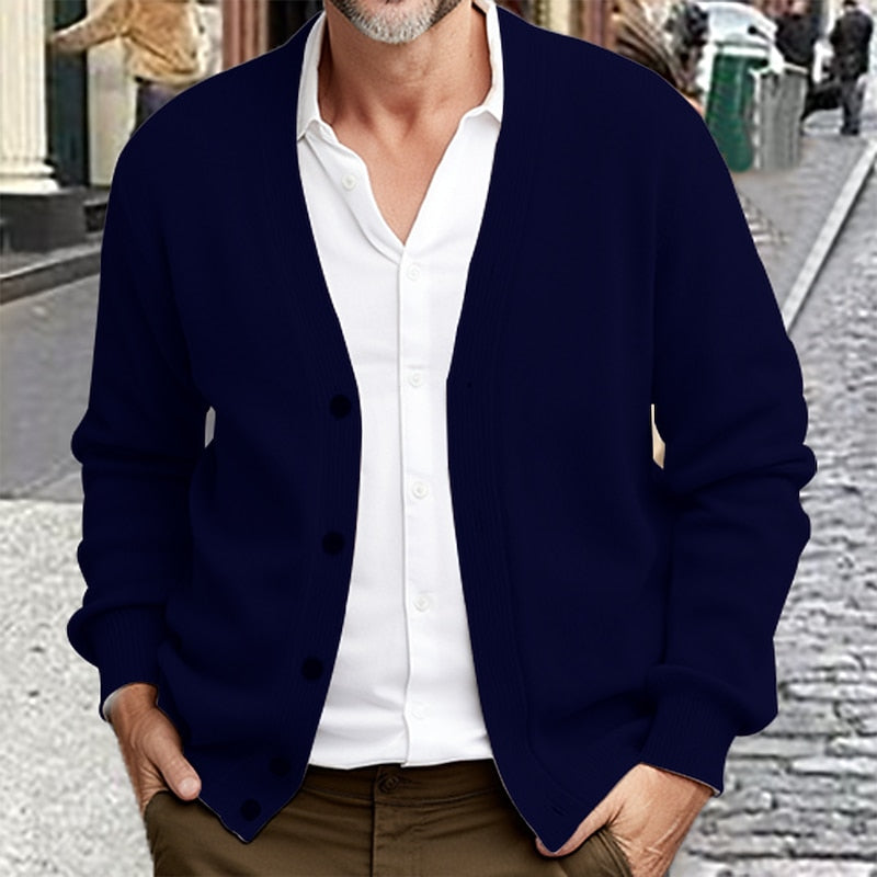 Men's V Neck Ribbed Knit Button Front Sweater Cardigan