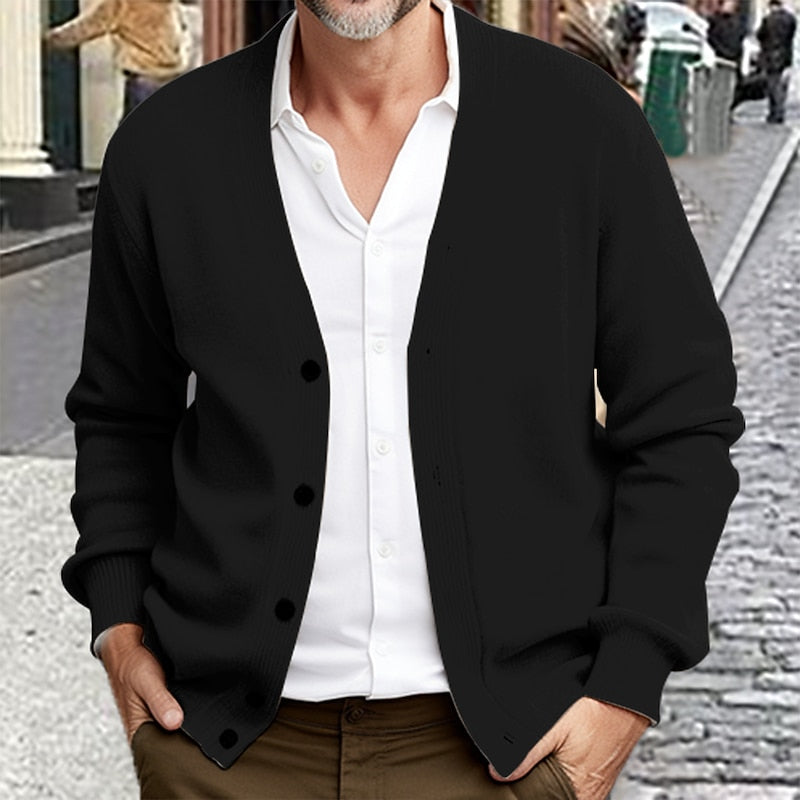 Men's V Neck Ribbed Knit Button Front Sweater Cardigan