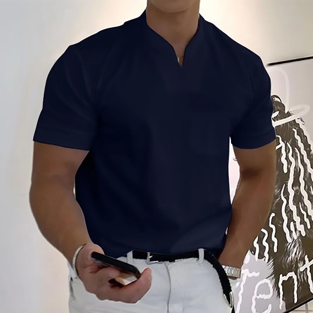 Men's V-Neck Short Sleeve Knit Polo Shirt, Casual Summer Polo