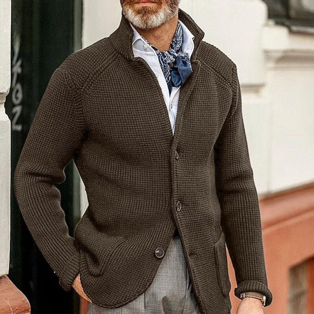 Men's Waffle Knit Button Front Stand Collar Cardigan Sweater
