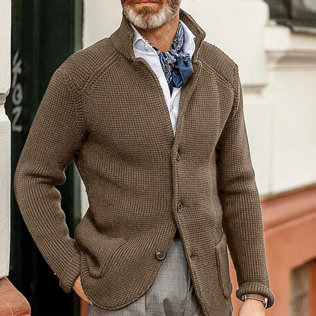 Men's Waffle Knit Button Front Stand Collar Cardigan Sweater