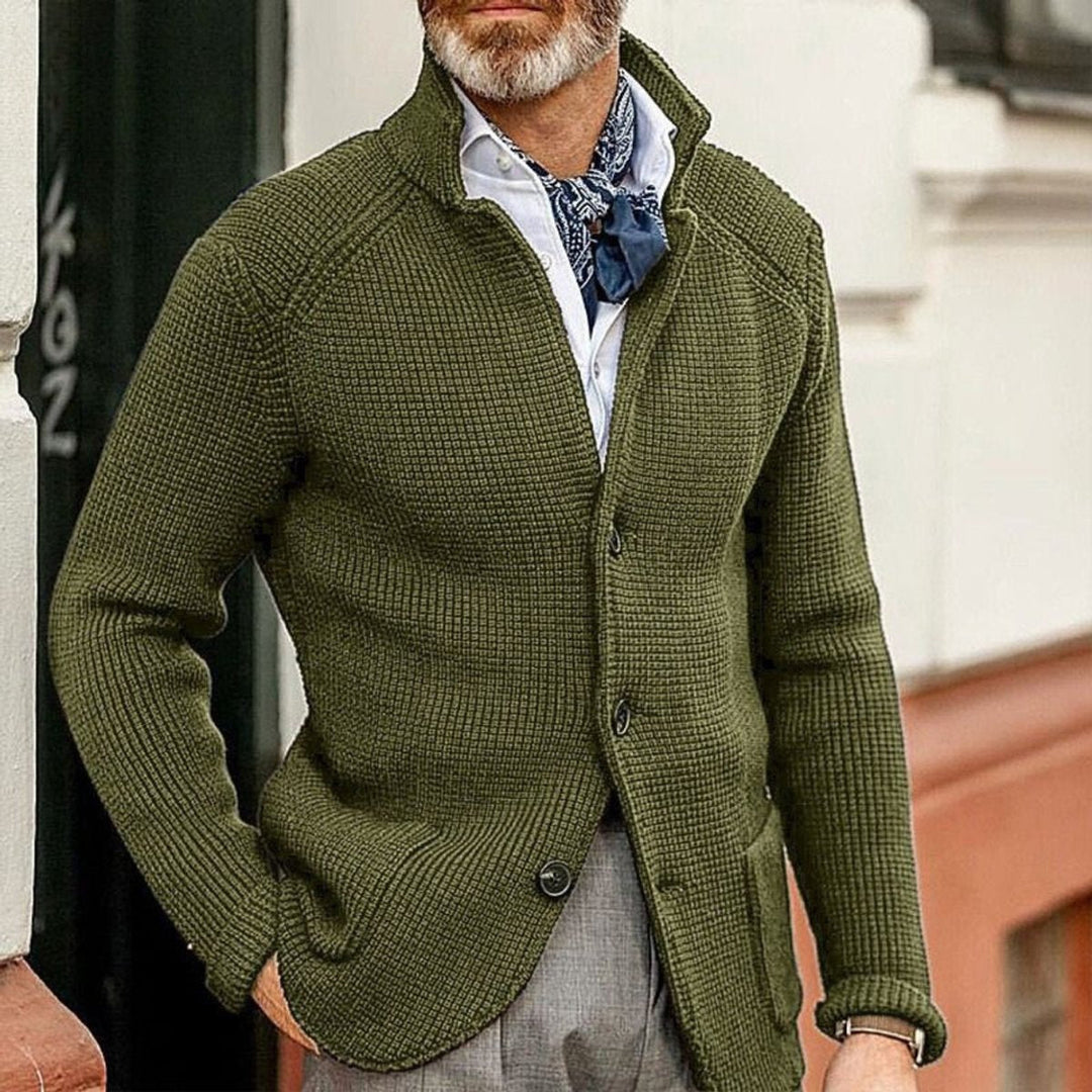 Men's Waffle Knit Button Front Stand Collar Cardigan Sweater
