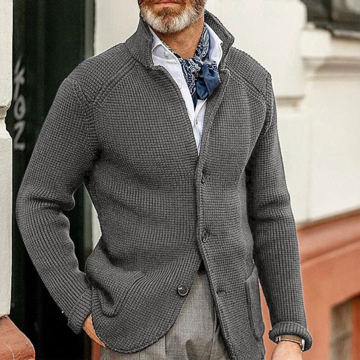 Men's Waffle Knit Button Front Stand Collar Cardigan Sweater