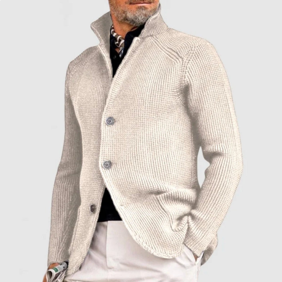 Men's Waffle Knit Button Front Stand Collar Cardigan Sweater