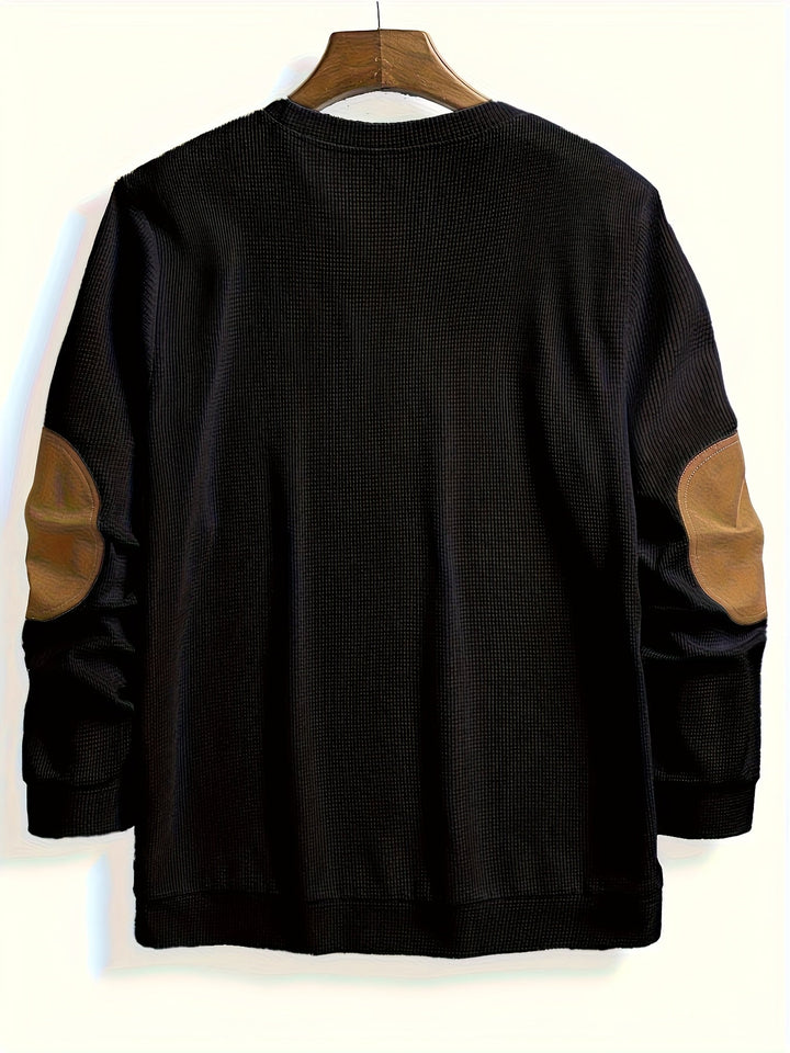 Men's Waffle Knit Elbow Patch Crewneck Pullover Sweater