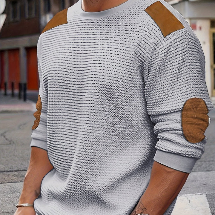 Men's Waffle Knit Elbow Patch Crewneck Pullover Sweater