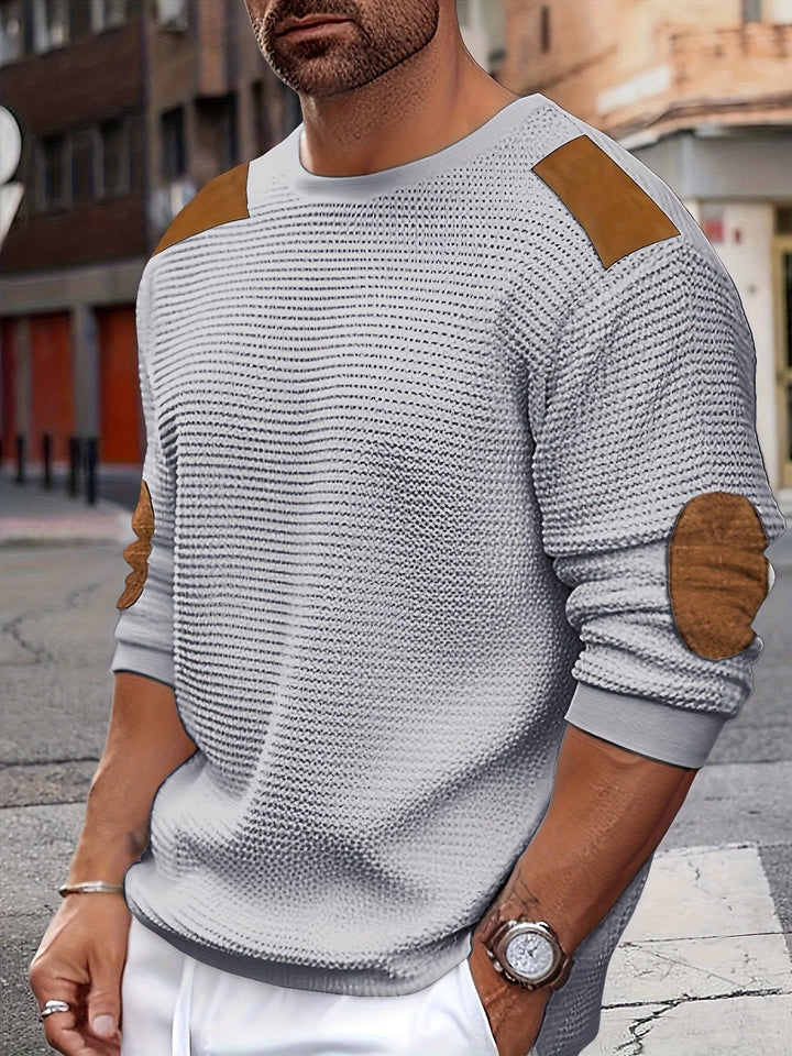 Men's Waffle Knit Elbow Patch Crewneck Pullover Sweater