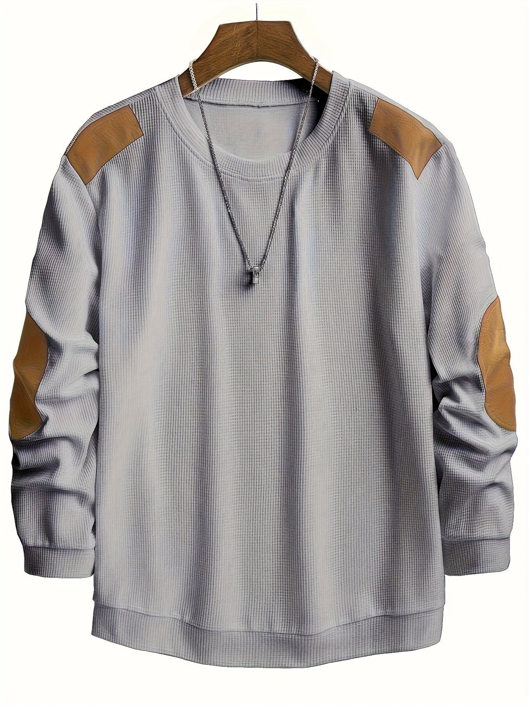 Men's Waffle Knit Elbow Patch Crewneck Pullover Sweater