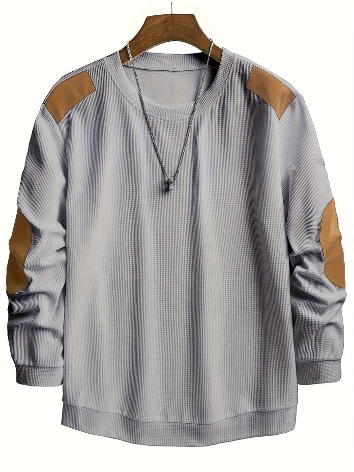 Men's Waffle Knit Elbow Patch Crewneck Pullover Sweater