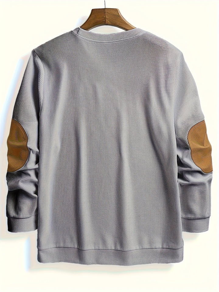 Men's Waffle Knit Elbow Patch Crewneck Pullover Sweater