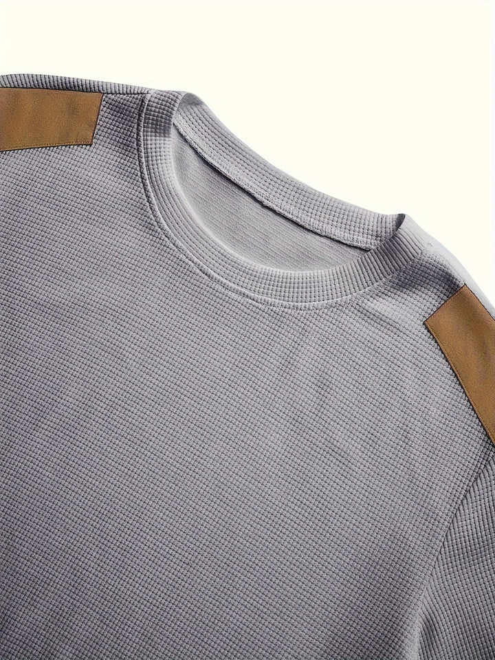 Men's Waffle Knit Elbow Patch Crewneck Pullover Sweater