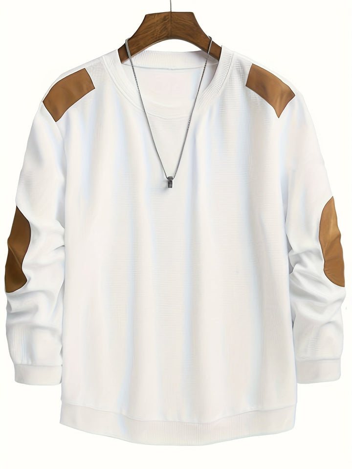 Men's Waffle Knit Elbow Patch Crewneck Pullover Sweater