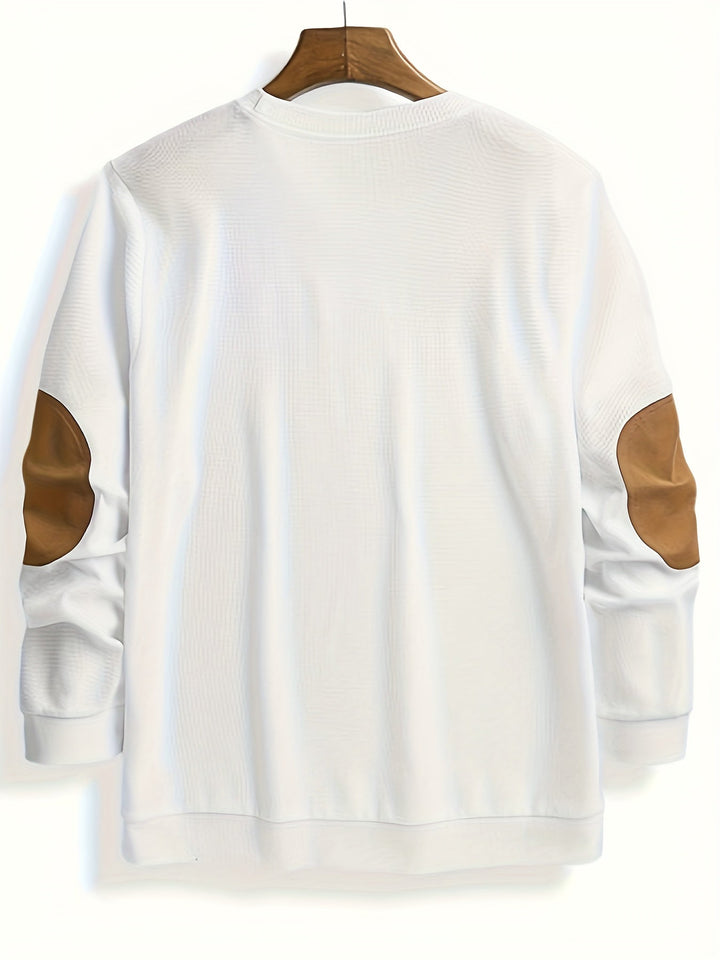 Men's Waffle Knit Elbow Patch Crewneck Pullover Sweater