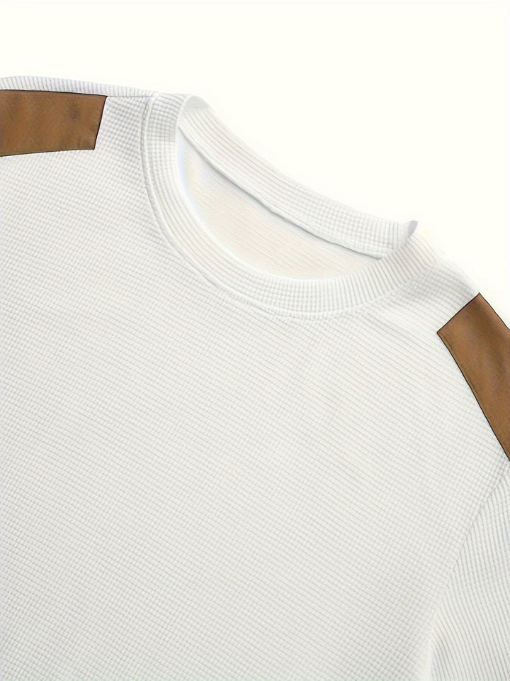 Men's Waffle Knit Elbow Patch Crewneck Pullover Sweater