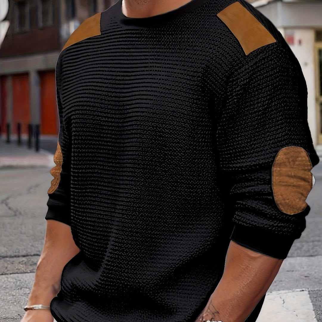 Men's Waffle Knit Elbow Patch Crewneck Pullover Sweater