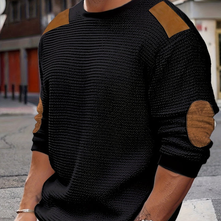 Men's Waffle Knit Elbow Patch Crewneck Pullover Sweater