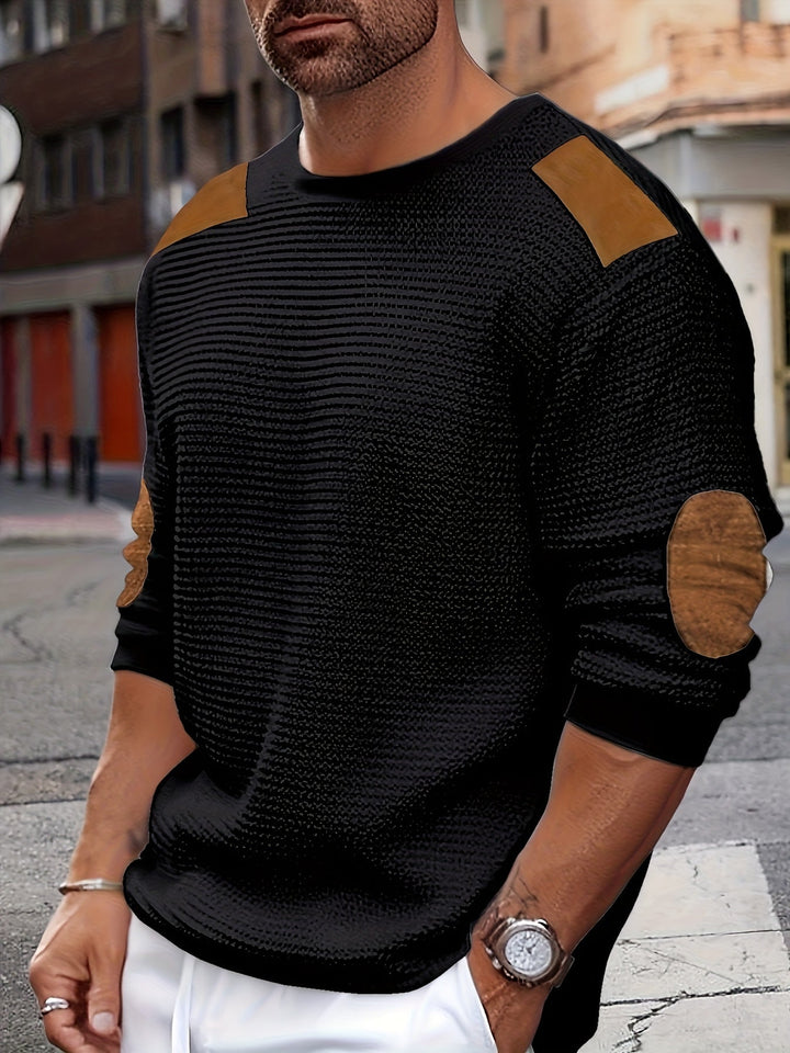 Men's Waffle Knit Elbow Patch Crewneck Pullover Sweater