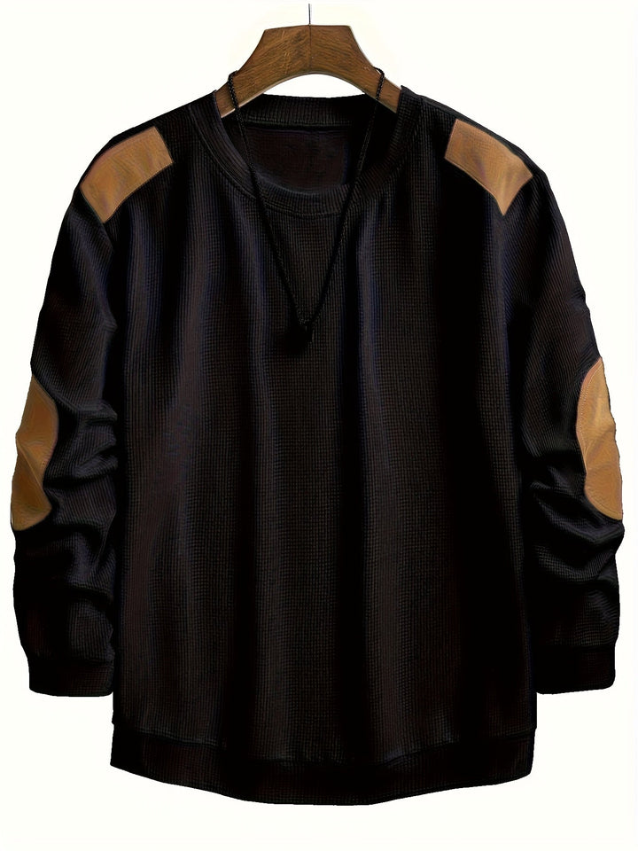 Men's Waffle Knit Elbow Patch Crewneck Pullover Sweater
