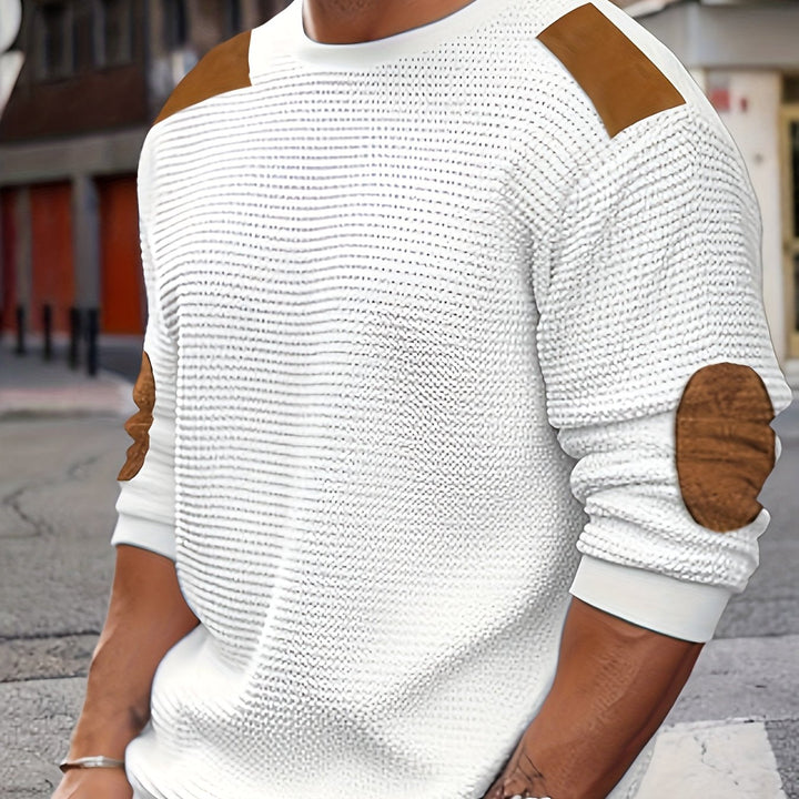Men's Waffle Knit Elbow Patch Crewneck Pullover Sweater