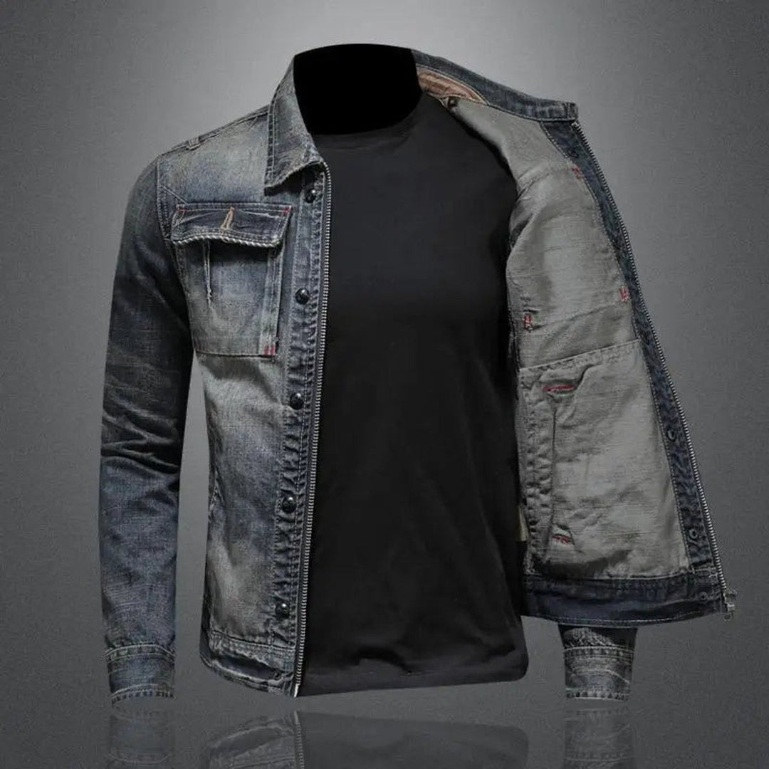 Men's Washed Denim Retro Full-Zip Trucker Jacket