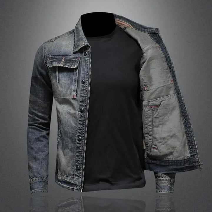 Men's Washed Denim Retro Full-Zip Trucker Jacket