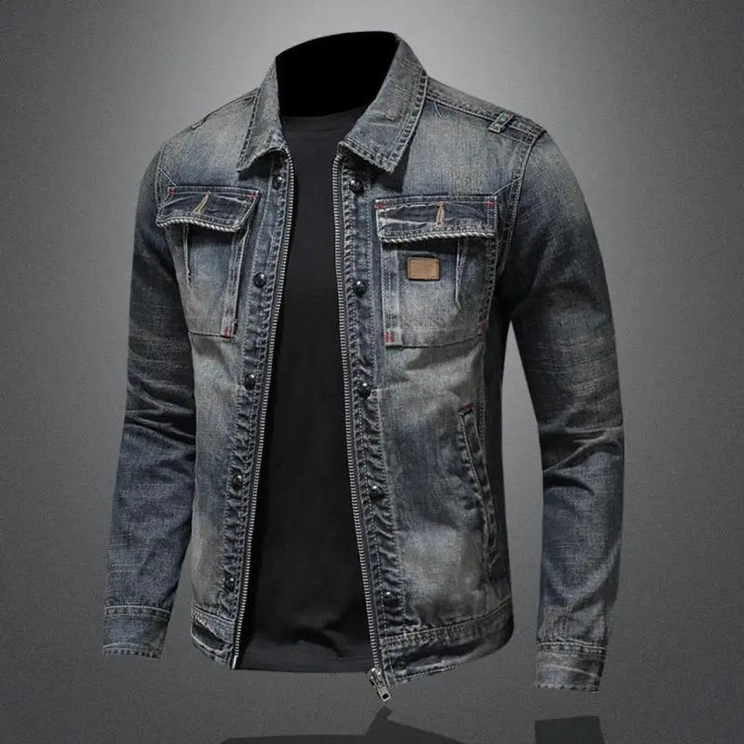 Men's Washed Denim Retro Full-Zip Trucker Jacket