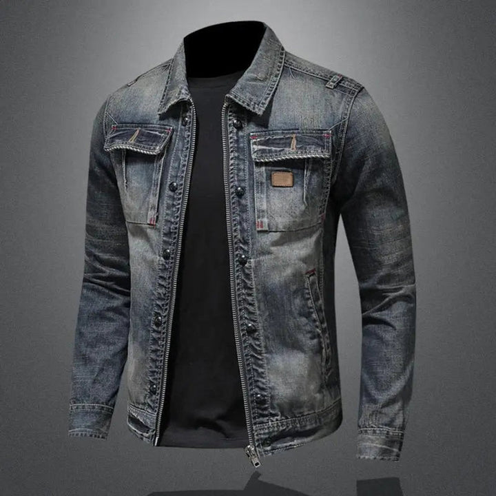 Men's Washed Denim Retro Full-Zip Trucker Jacket