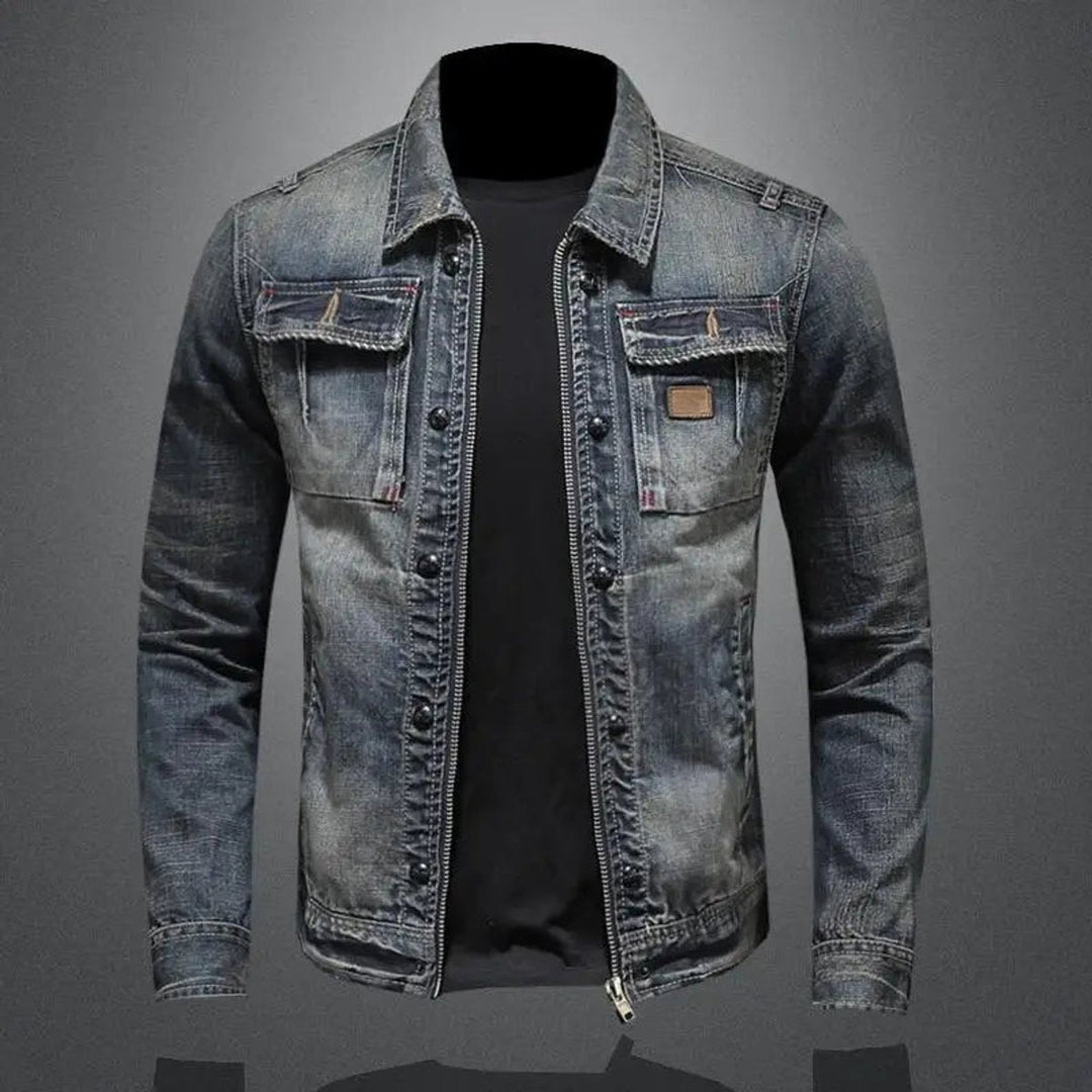 Men's Washed Denim Retro Full-Zip Trucker Jacket