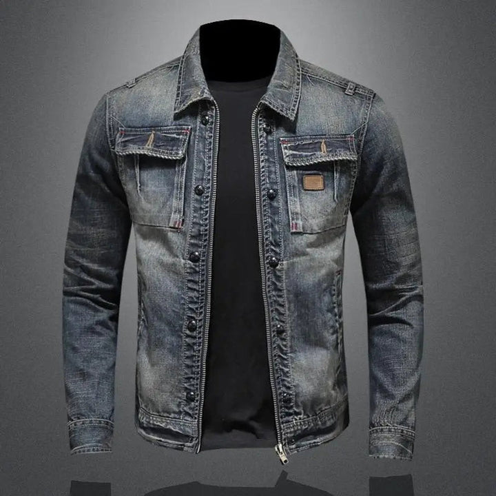 Men's Washed Denim Retro Full-Zip Trucker Jacket