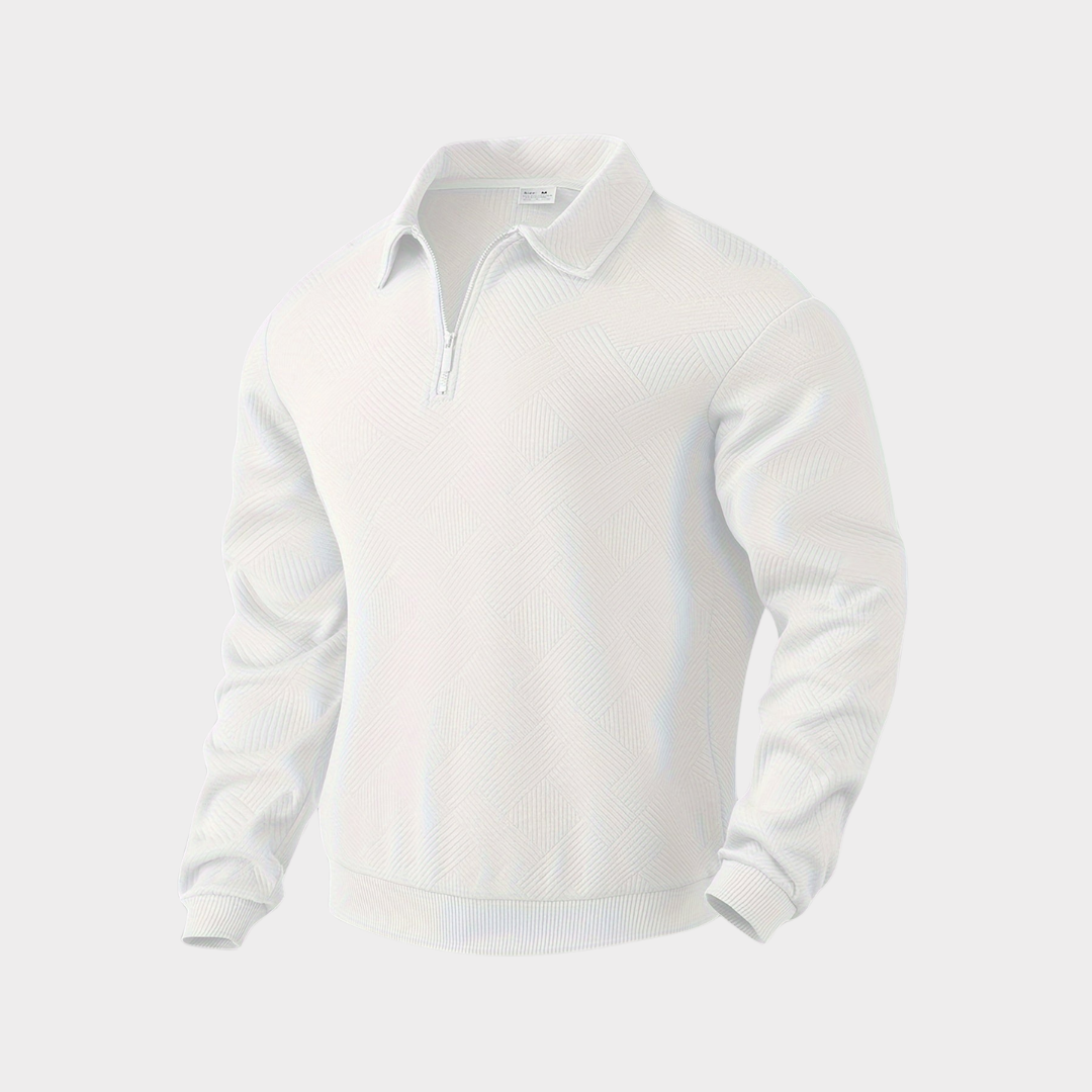 Men's White Collared Half Zip Knit Pullover Sweater