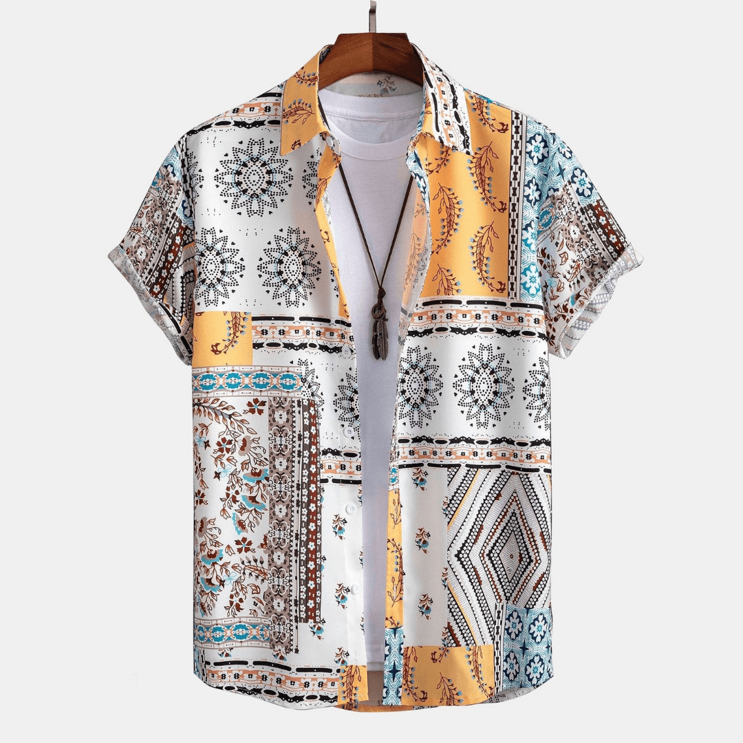 Men's Yellow Patchwork Short Sleeve Shirt and Shorts Set, Summer