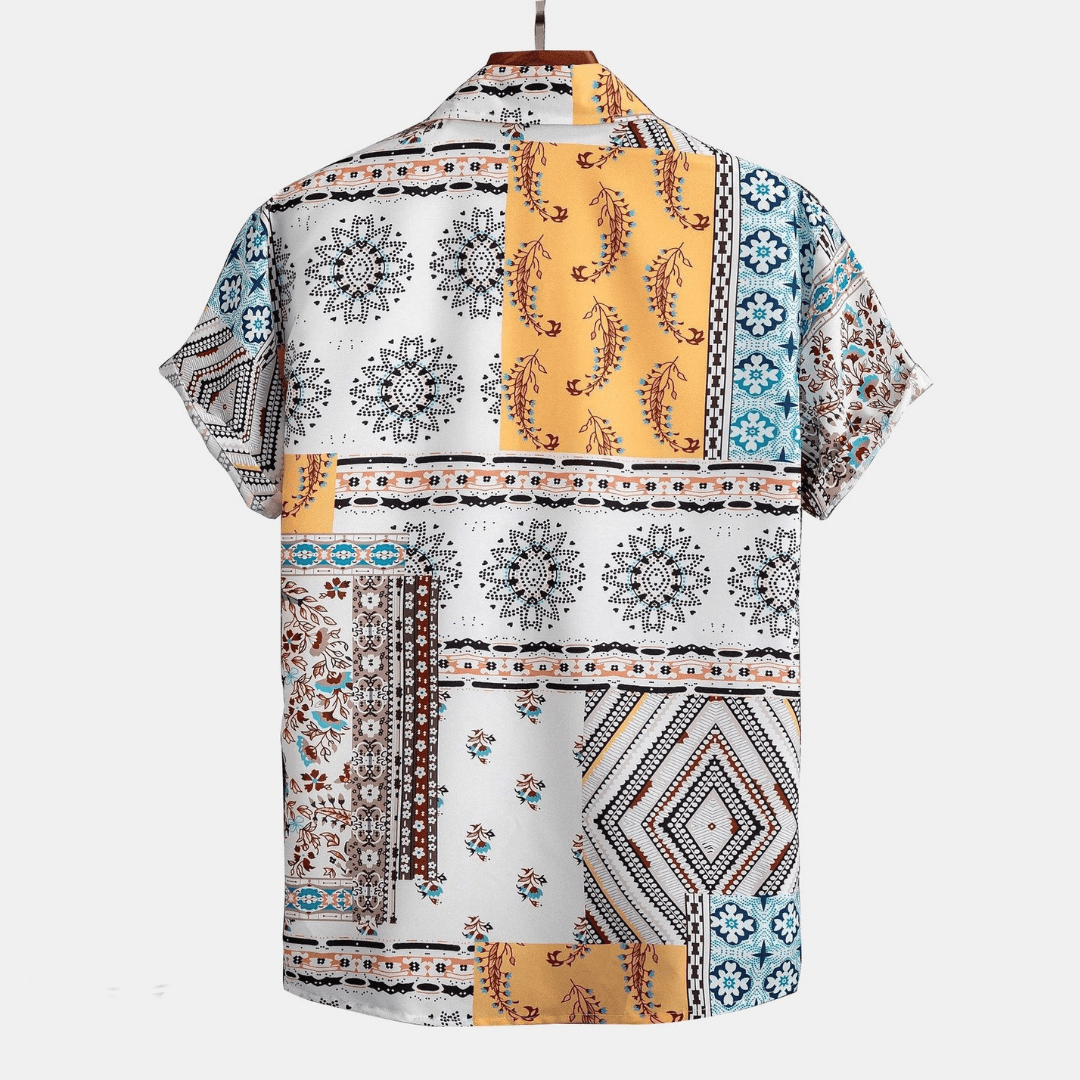Men's Yellow Patchwork Short Sleeve Shirt and Shorts Set, Summer