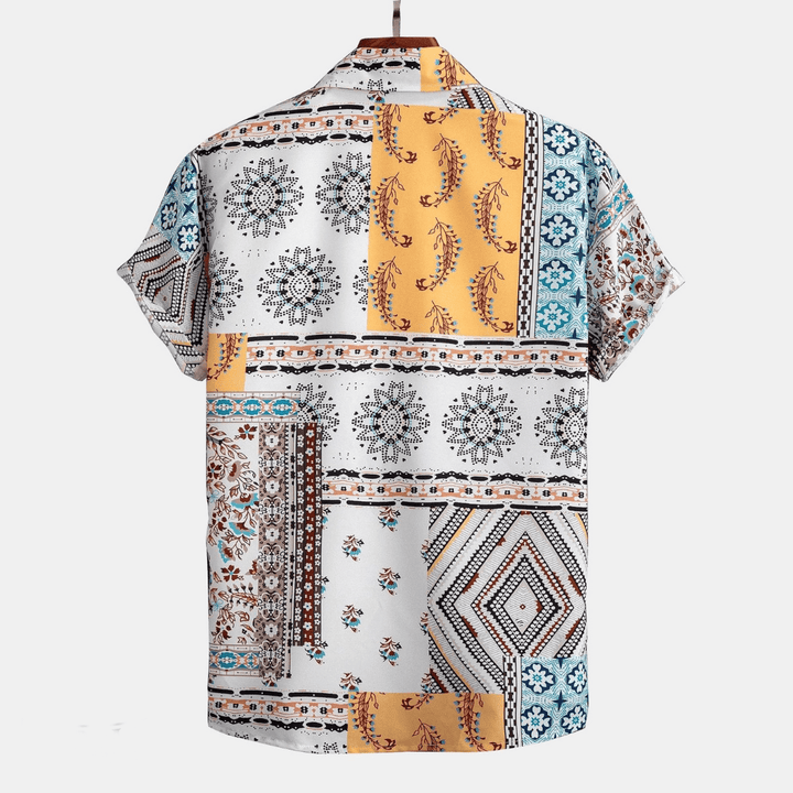 Men's Yellow Patchwork Short Sleeve Shirt and Shorts Set, Summer