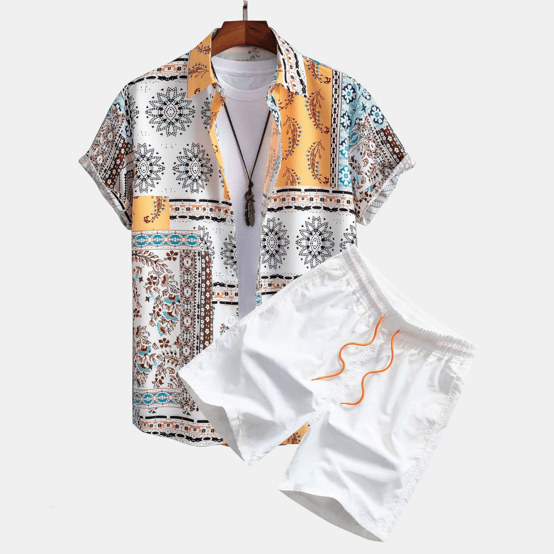 Men's Yellow Patchwork Short Sleeve Shirt and Shorts Set, Summer