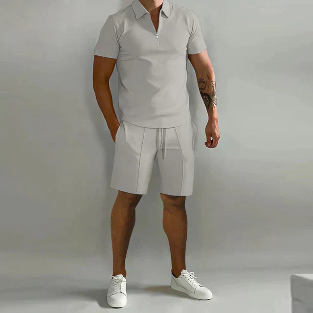 Men's Zip Neck Polo and Shorts Set Casual Summer Outfit