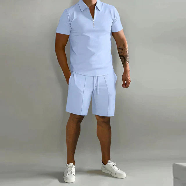 Men's Zip Neck Polo and Shorts Set Casual Summer Outfit