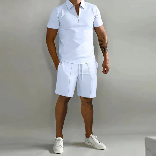 Men's Zip Neck Polo and Shorts Set Casual Summer Outfit