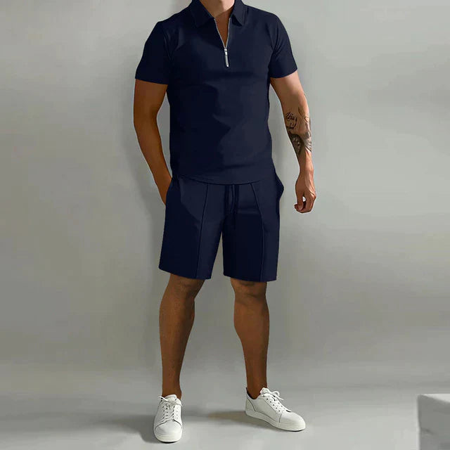 Men's Zip Neck Polo and Shorts Set Casual Summer Outfit