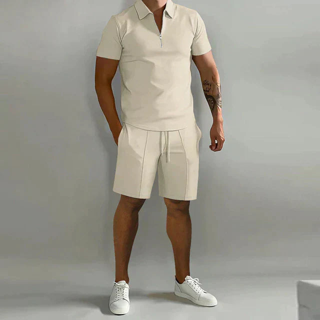 Men's Zip Neck Polo and Shorts Set Casual Summer Outfit